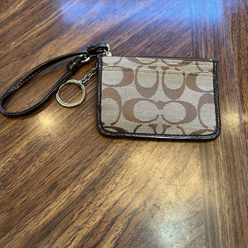 Coach Park Signature Mini Khaki Mahogany  ID Skinny Clutch Wristlet Wallet